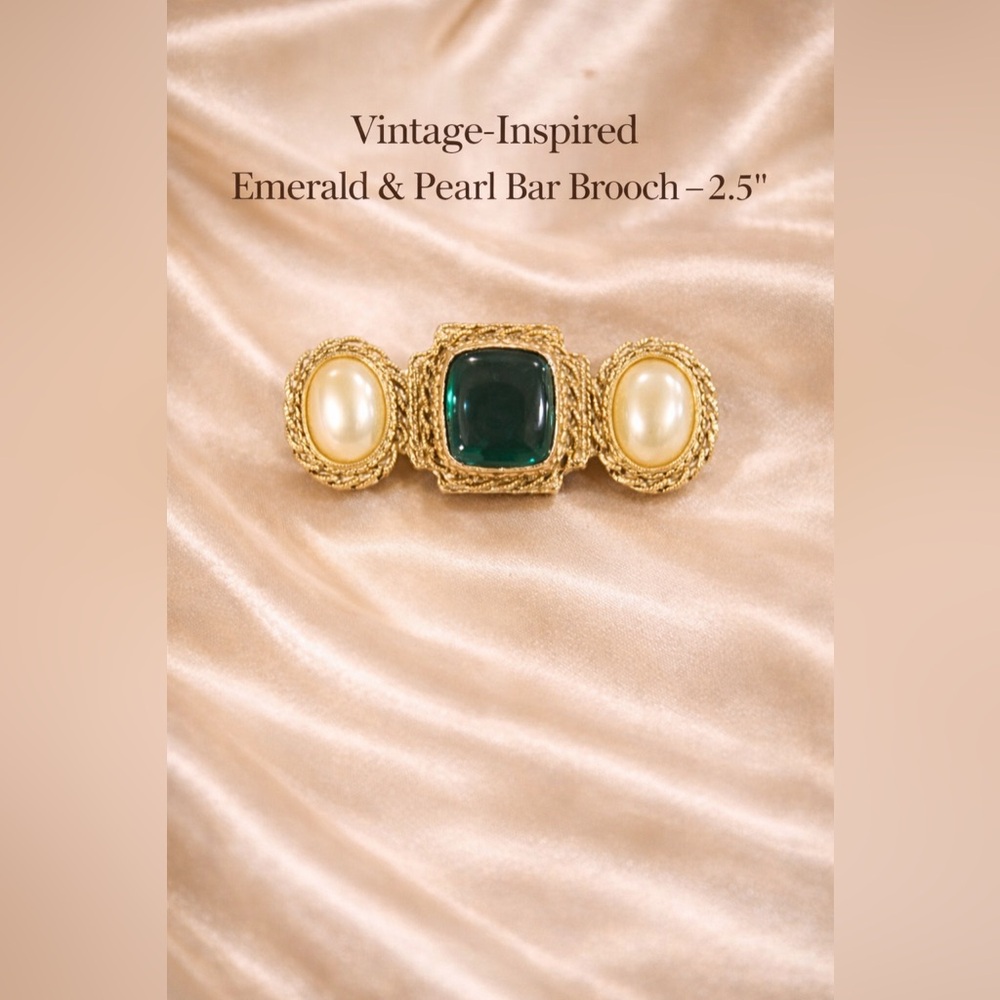 Vintage Inspired Emerald And Pearl Bar Brooch